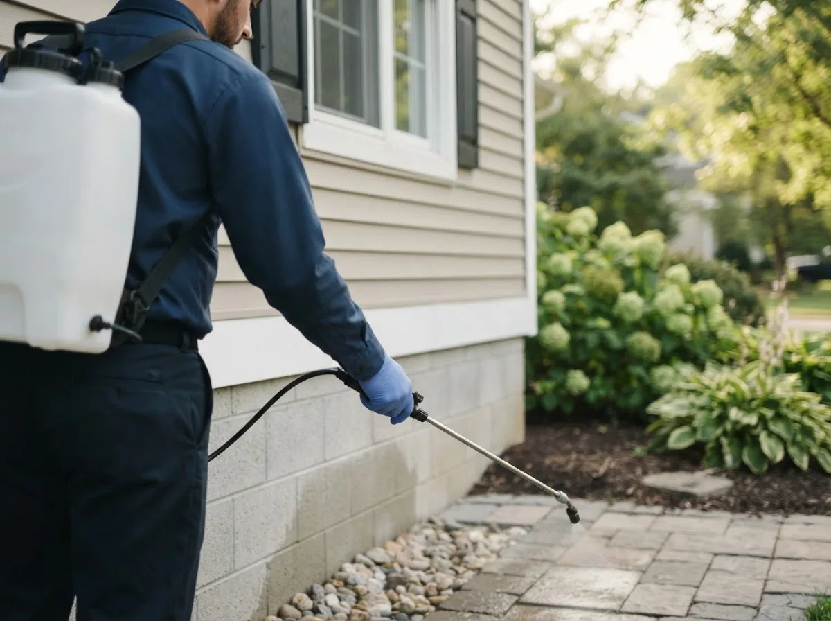 Pest control technician inspecting a home in Dannebrog, NE